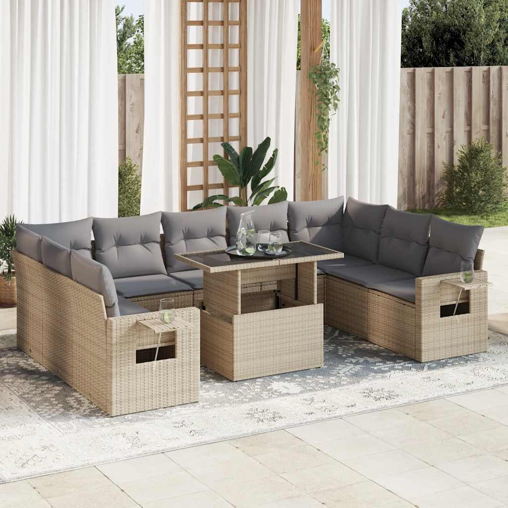 vidaXL 10-tlg. Garten-Sofagarnitur mit Kissen Schwarz Poly Rattan