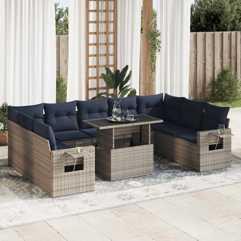vidaXL 10-teiliges Gartensofa-Set mit Kissen, schwarzes Polyrattan