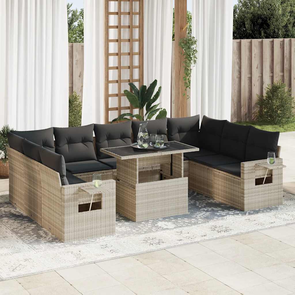 vidaXL 10-tlg. Garten-Sofagarnitur mit Kissen Schwarz Poly Rattan