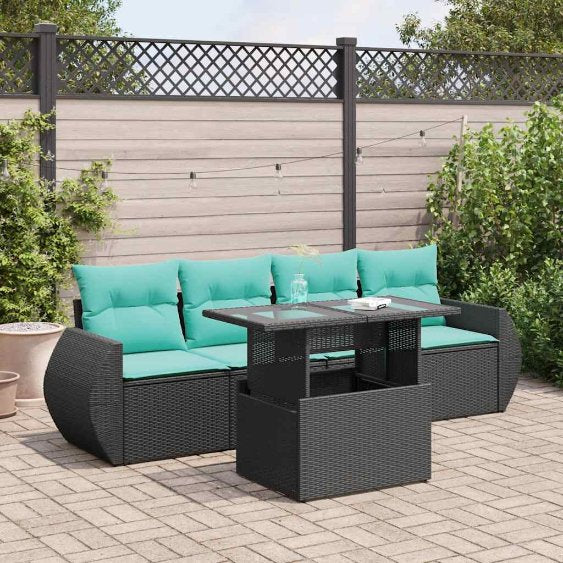 5-teiliges Gartensofa-Set mit Kissen, schwarzes Polyrattan