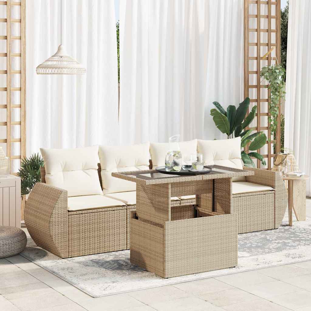 5-tlg. Garten-Sofagarnitur mit Kissen Schwarz Poly Rattan