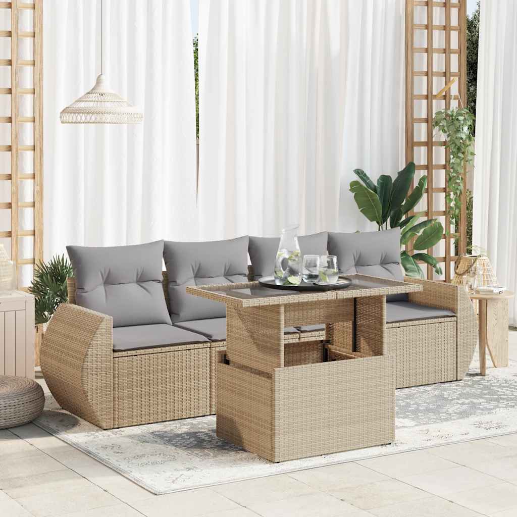 5-tlg. Garten-Sofagarnitur mit Kissen Schwarz Poly Rattan