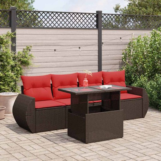 5-teiliges Gartensofa-Set mit Kissen, schwarzes Polyrattan