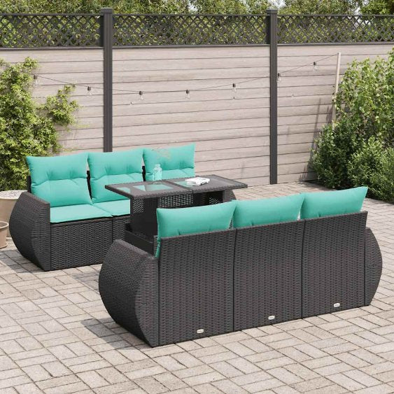7-tlg. Garten-Sofagarnitur mit Kissen Schwarz Poly Rattan