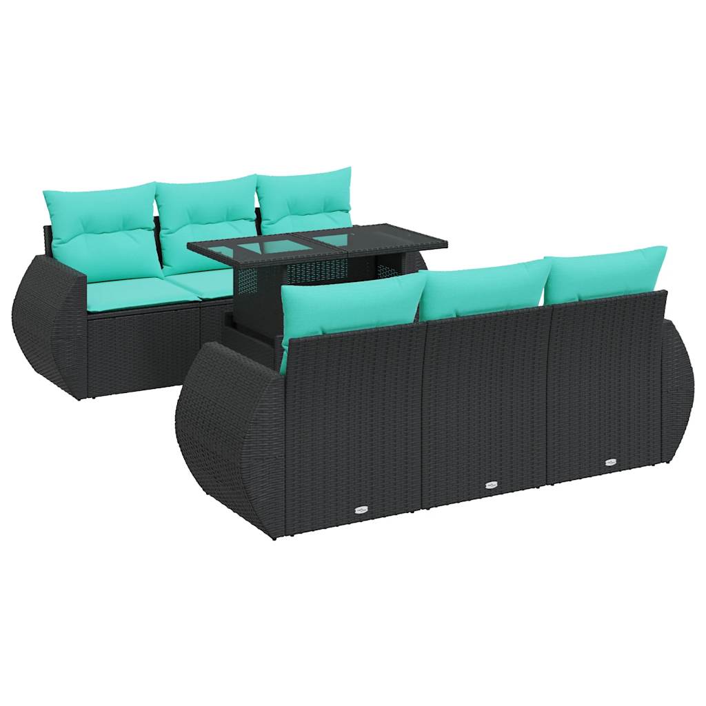 7-tlg. Garten-Sofagarnitur mit Kissen Schwarz Poly Rattan