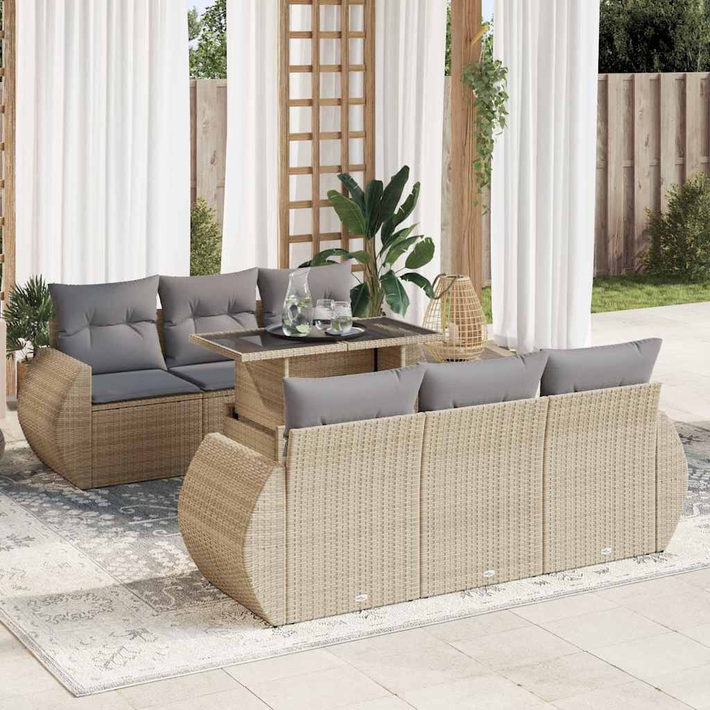 7-tlg. Garten-Sofagarnitur mit Kissen Schwarz Poly Rattan