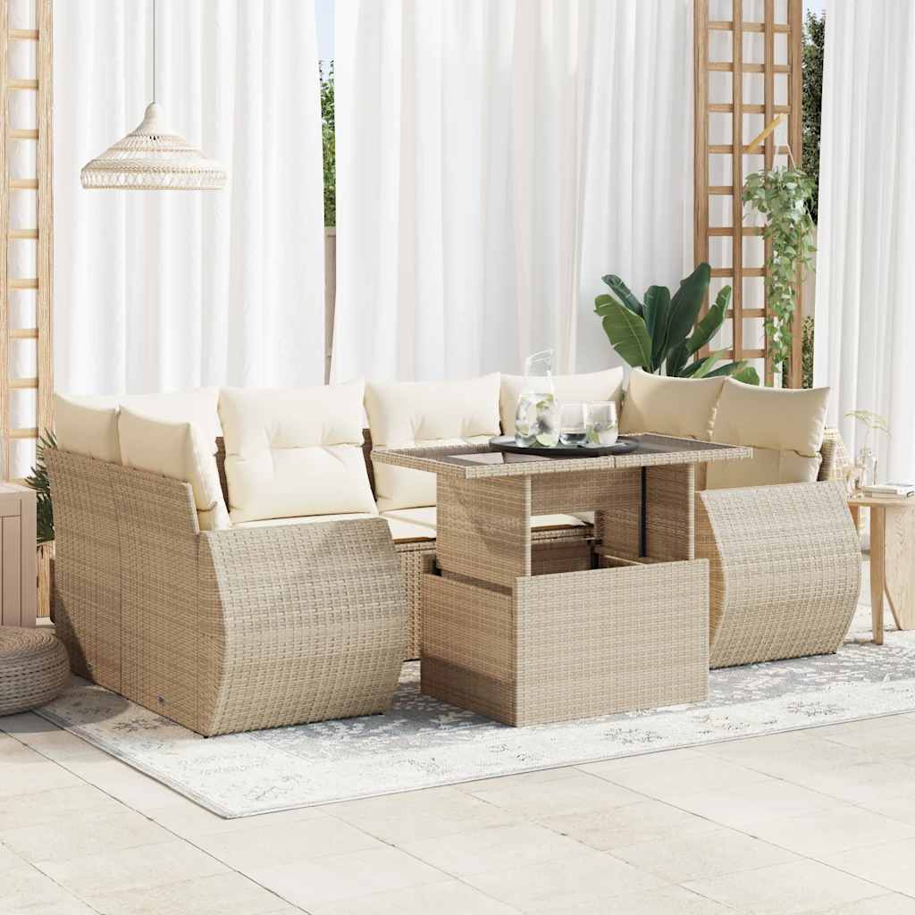 7-tlg. Garten-Sofagarnitur mit Kissen Schwarz Poly Rattan