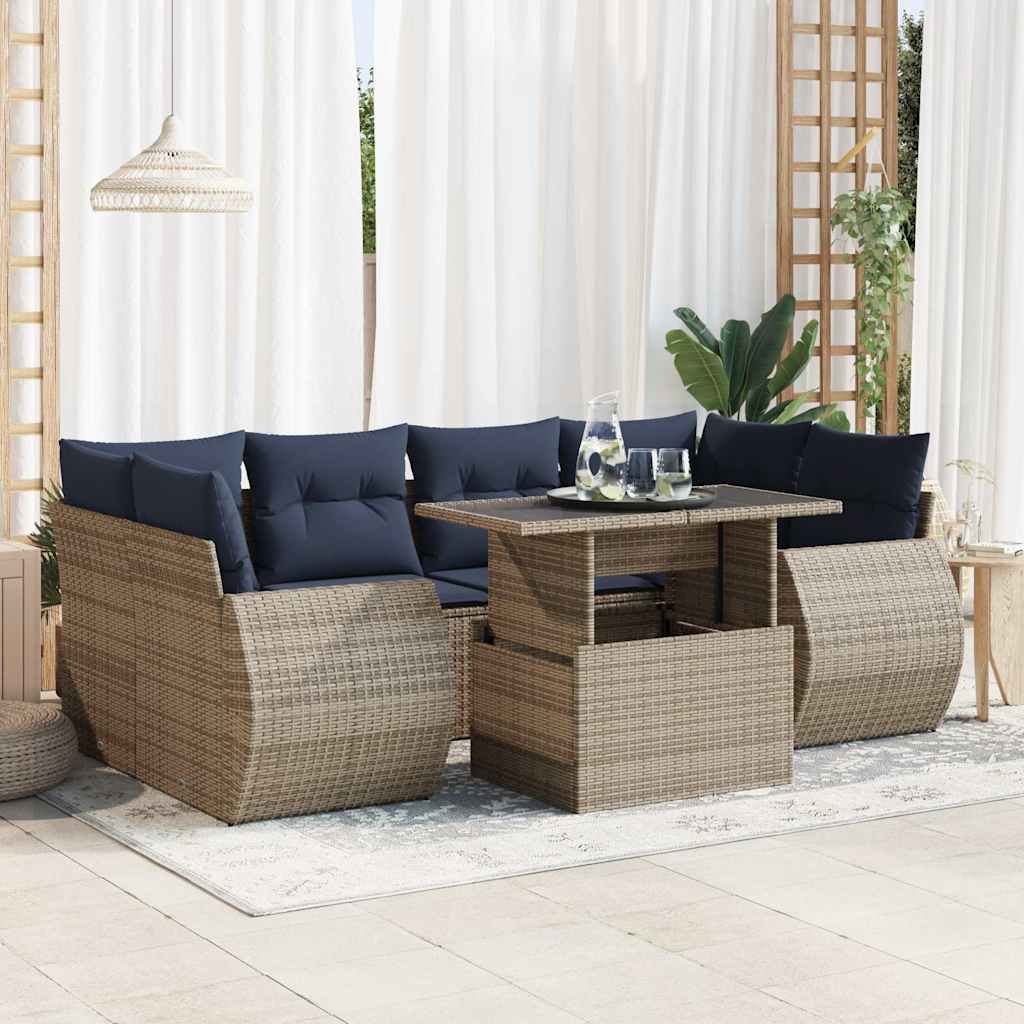 7-teiliges Gartensofa-Set mit Kissen, schwarzes Polyrattan