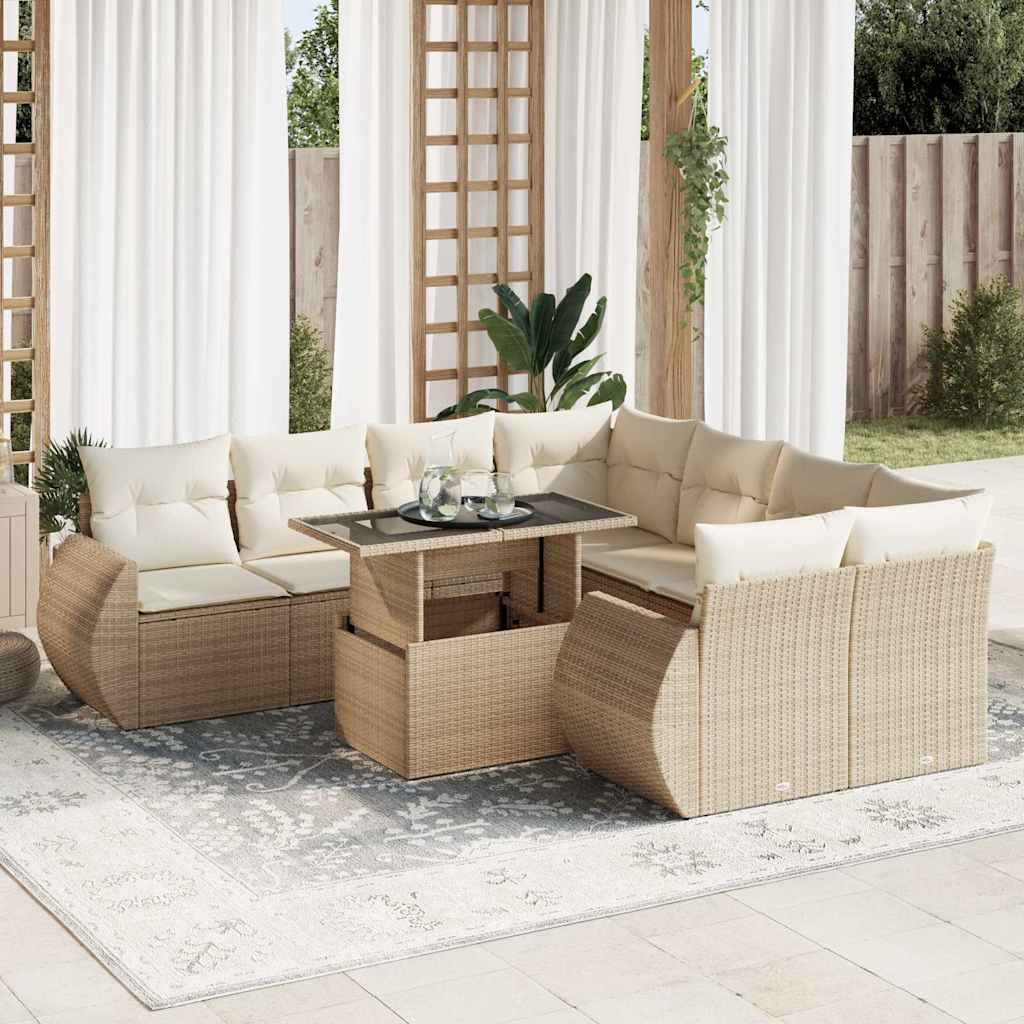 9-tlg. Garten-Sofagarnitur mit Kissen Schwarz Poly Rattan