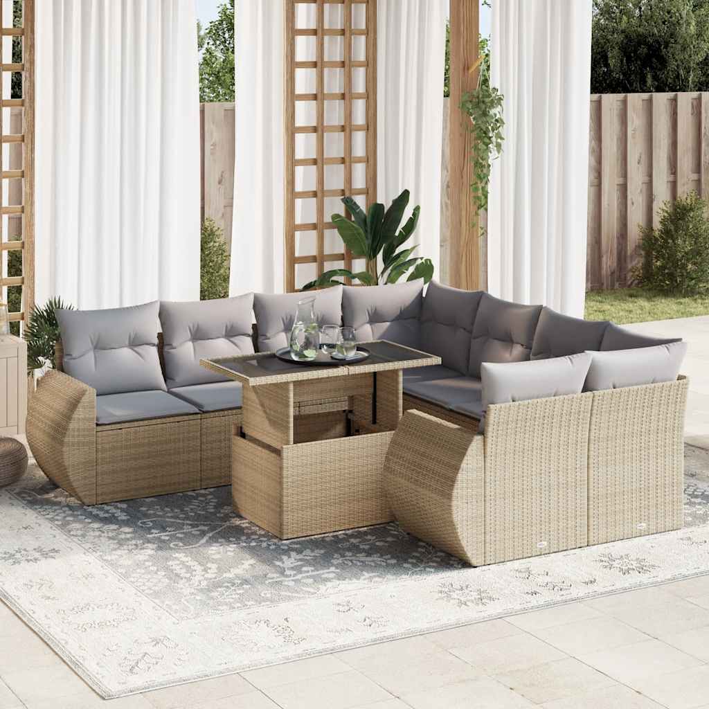 9-tlg. Garten-Sofagarnitur mit Kissen Schwarz Poly Rattan