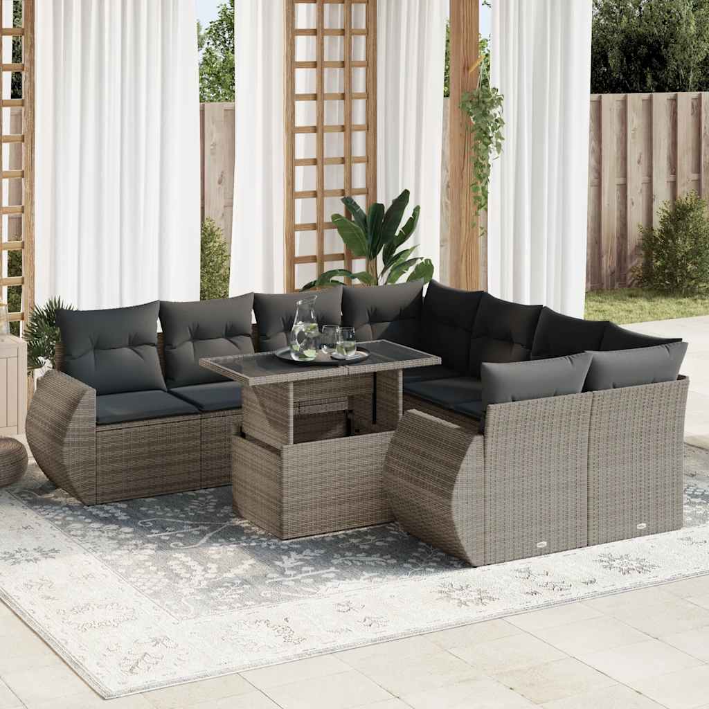 9-tlg. Garten-Sofagarnitur mit Kissen Schwarz Poly Rattan