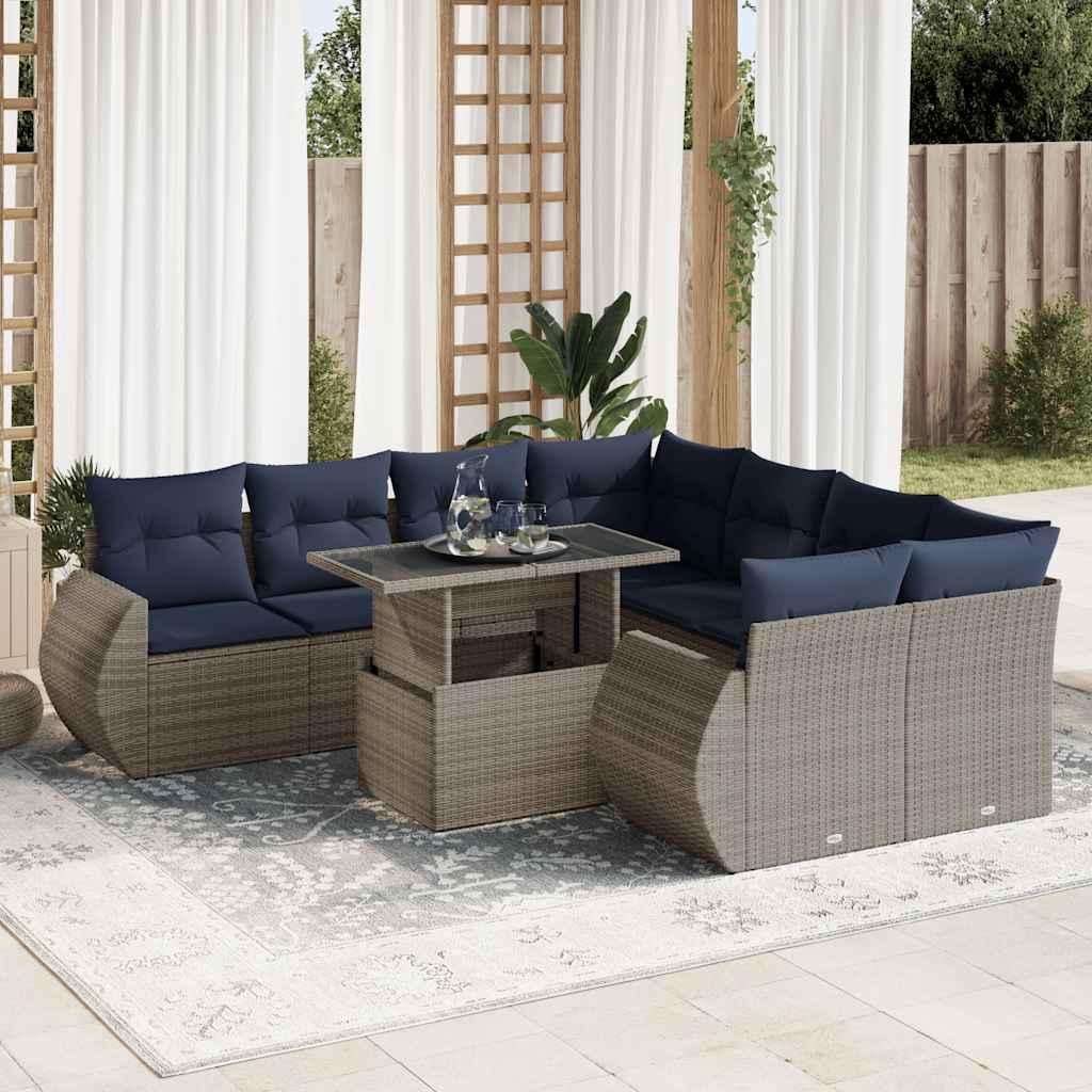 9-teiliges Gartensofa-Set mit Kissen, schwarzes Polyrattan