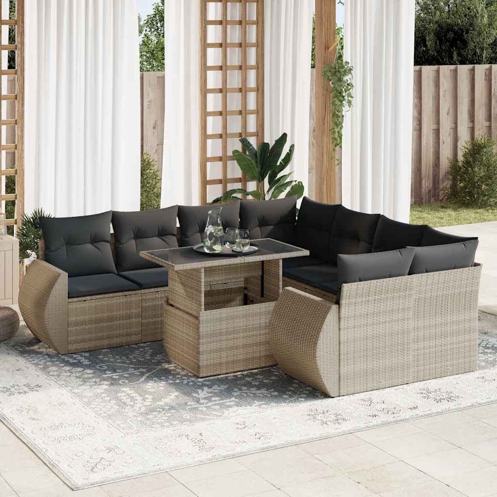 9-tlg. Garten-Sofagarnitur mit Kissen Schwarz Poly Rattan