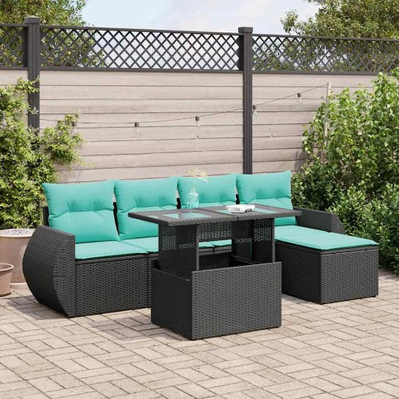 6-teiliges Gartensofa-Set mit Kissen, schwarzes Polyrattan