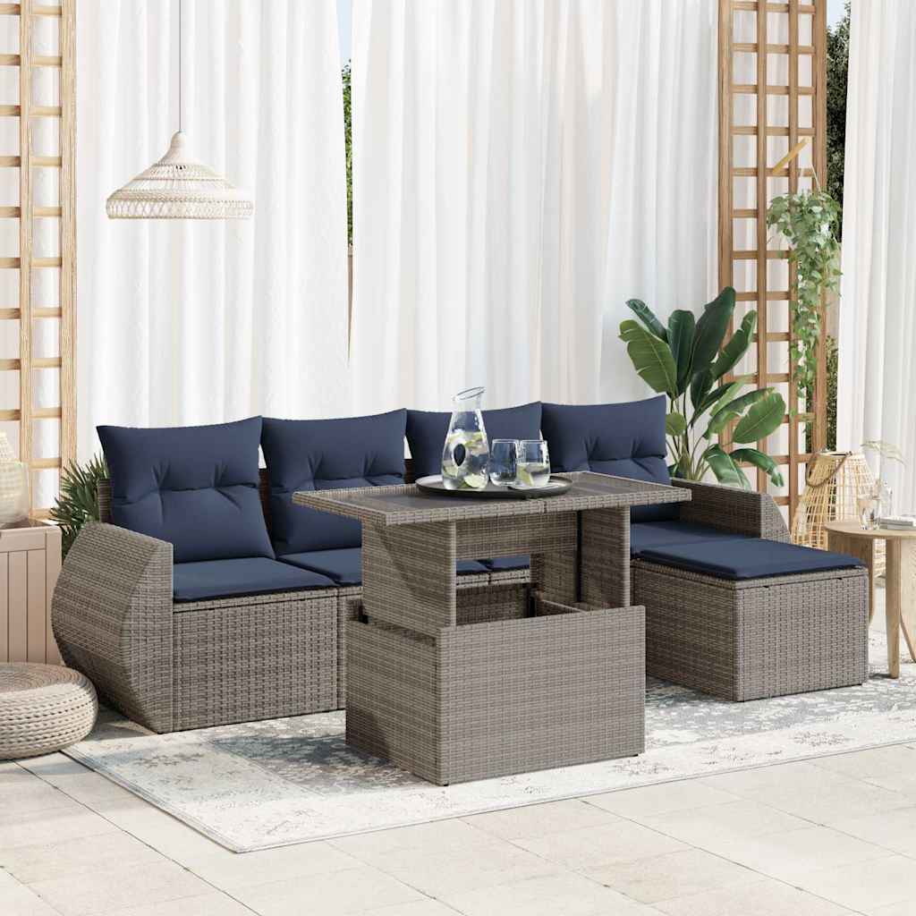 6-teiliges Gartensofa-Set mit Kissen, schwarzes Polyrattan
