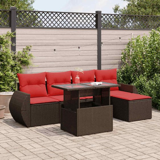 6-teiliges Gartensofa-Set mit Kissen, schwarzes Polyrattan