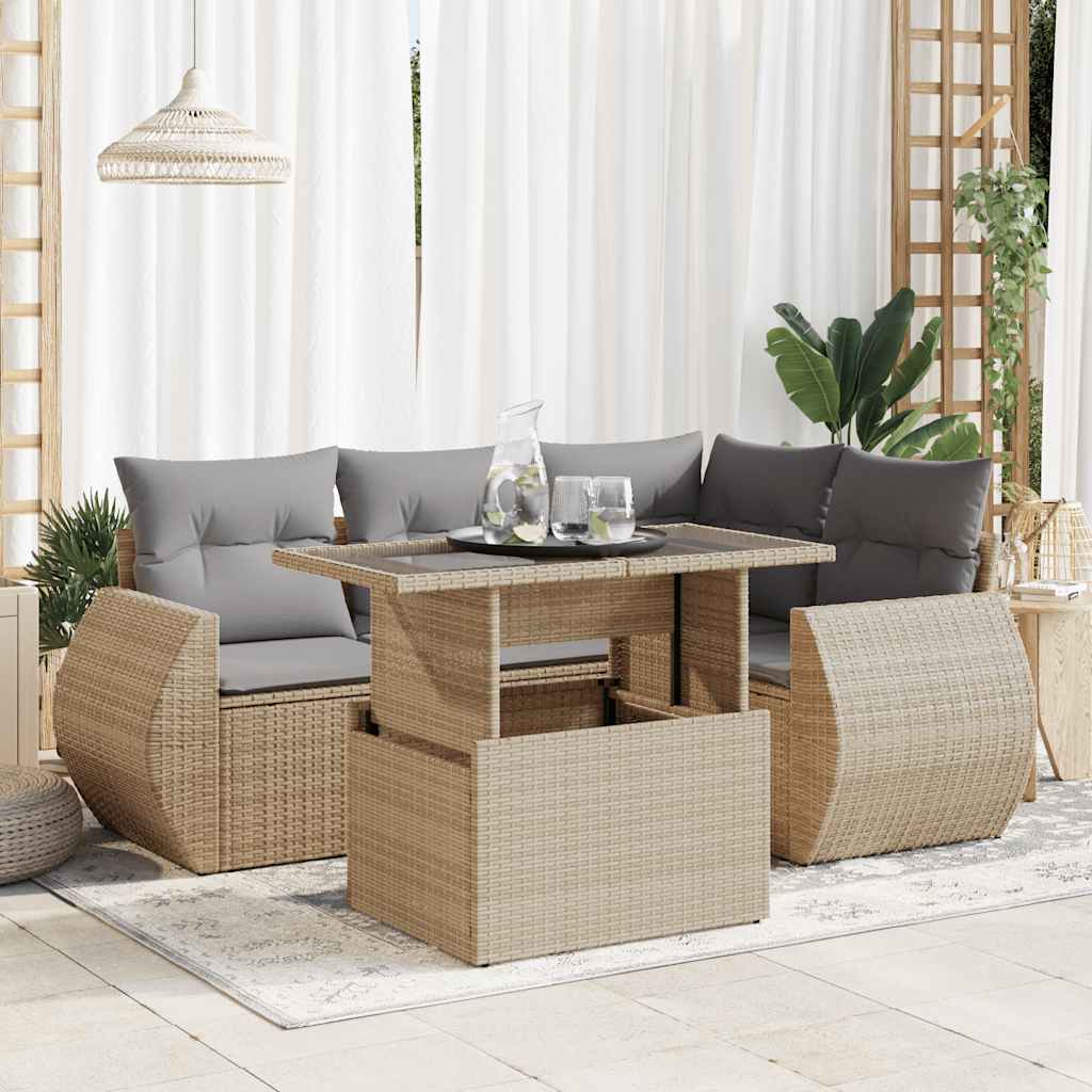 5-tlg. Garten-Sofagarnitur mit Kissen Schwarz Poly Rattan