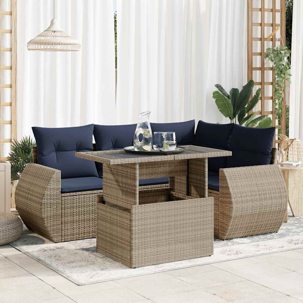 5-teiliges Gartensofa-Set mit Kissen, schwarzes Polyrattan
