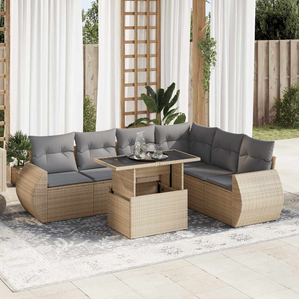 7-tlg. Garten-Sofagarnitur mit Kissen Schwarz Poly Rattan