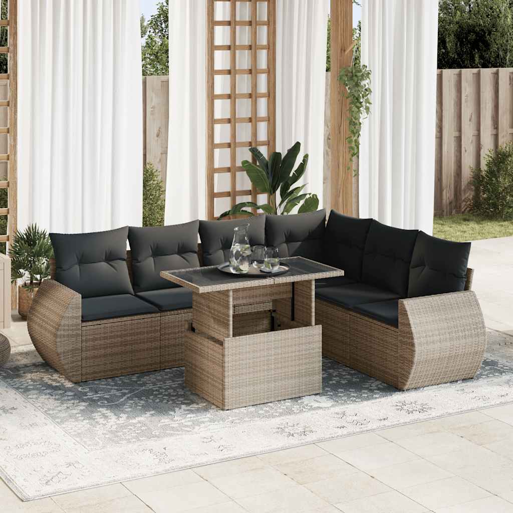 7-tlg. Garten-Sofagarnitur mit Kissen Schwarz Poly Rattan