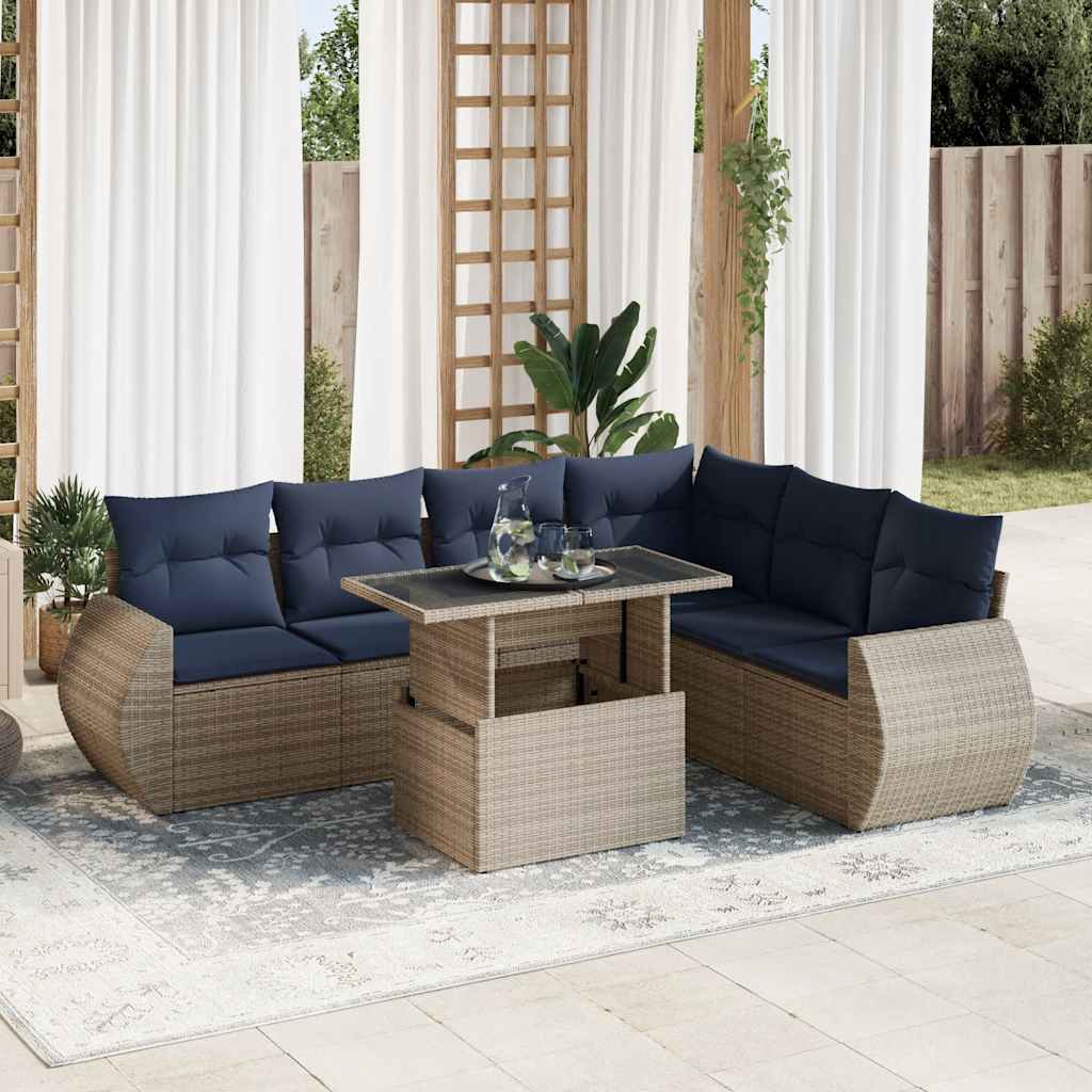 7-teiliges Gartensofa-Set mit Kissen, schwarzes Polyrattan