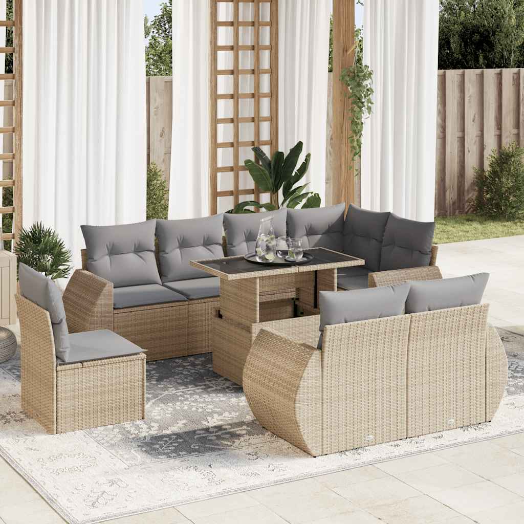 9-tlg. Garten-Sofagarnitur mit Kissen Schwarz Poly Rattan