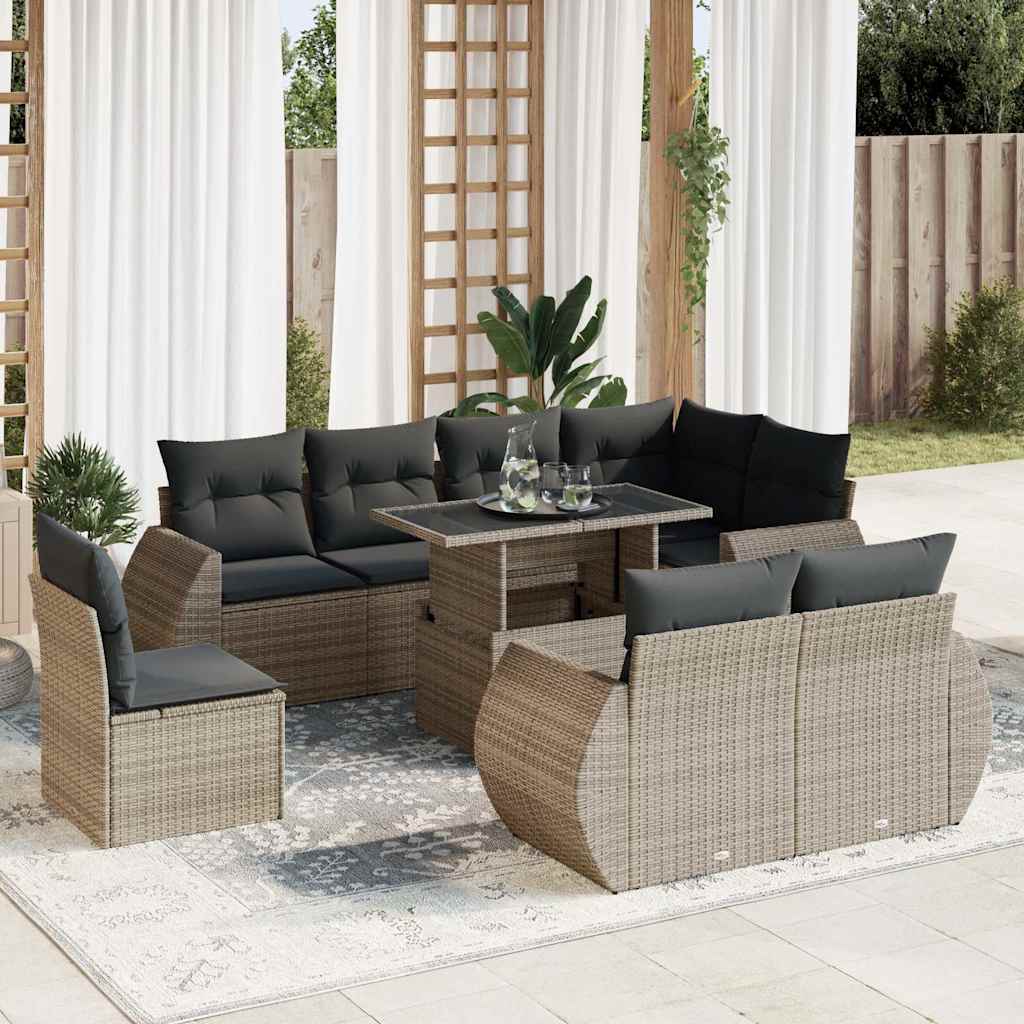 9-tlg. Garten-Sofagarnitur mit Kissen Schwarz Poly Rattan