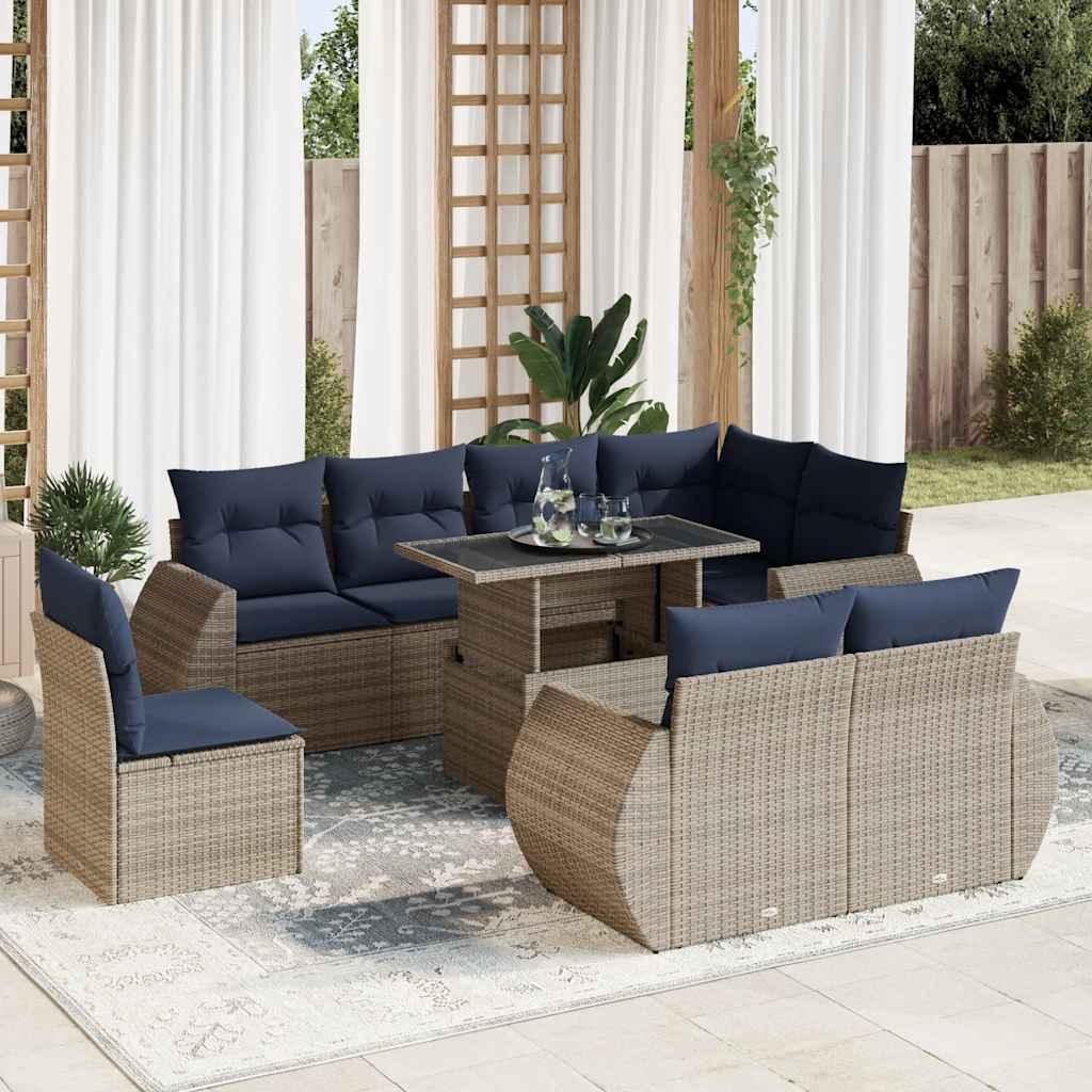 9-teiliges Gartensofa-Set mit Kissen, schwarzes Polyrattan