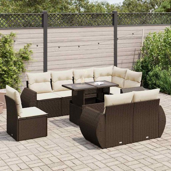 9-tlg. Garten-Sofagarnitur mit Kissen Schwarz Poly Rattan