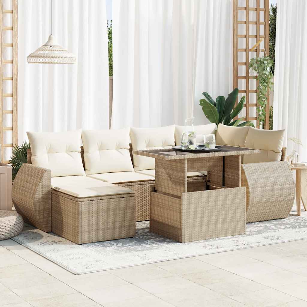 7-tlg. Garten-Sofagarnitur mit Kissen Schwarz Poly Rattan