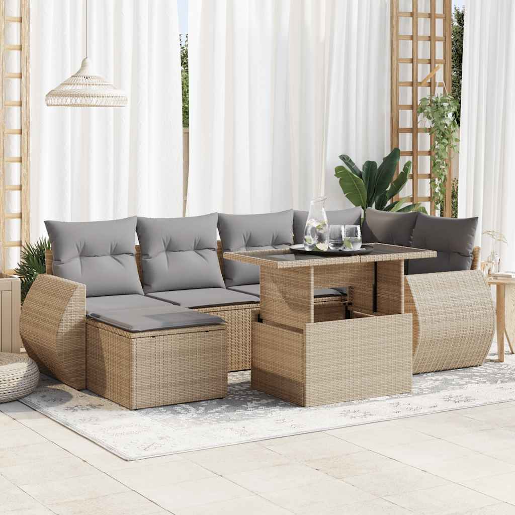 7-tlg. Garten-Sofagarnitur mit Kissen Schwarz Poly Rattan