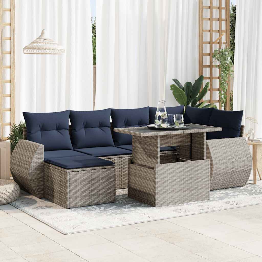 7-teiliges Gartensofa-Set mit Kissen, schwarzes Polyrattan