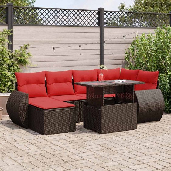 7-teiliges Gartensofa-Set mit Kissen, schwarzes Polyrattan