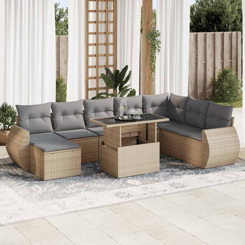 9-tlg. Garten-Sofagarnitur mit Kissen Schwarz Poly Rattan