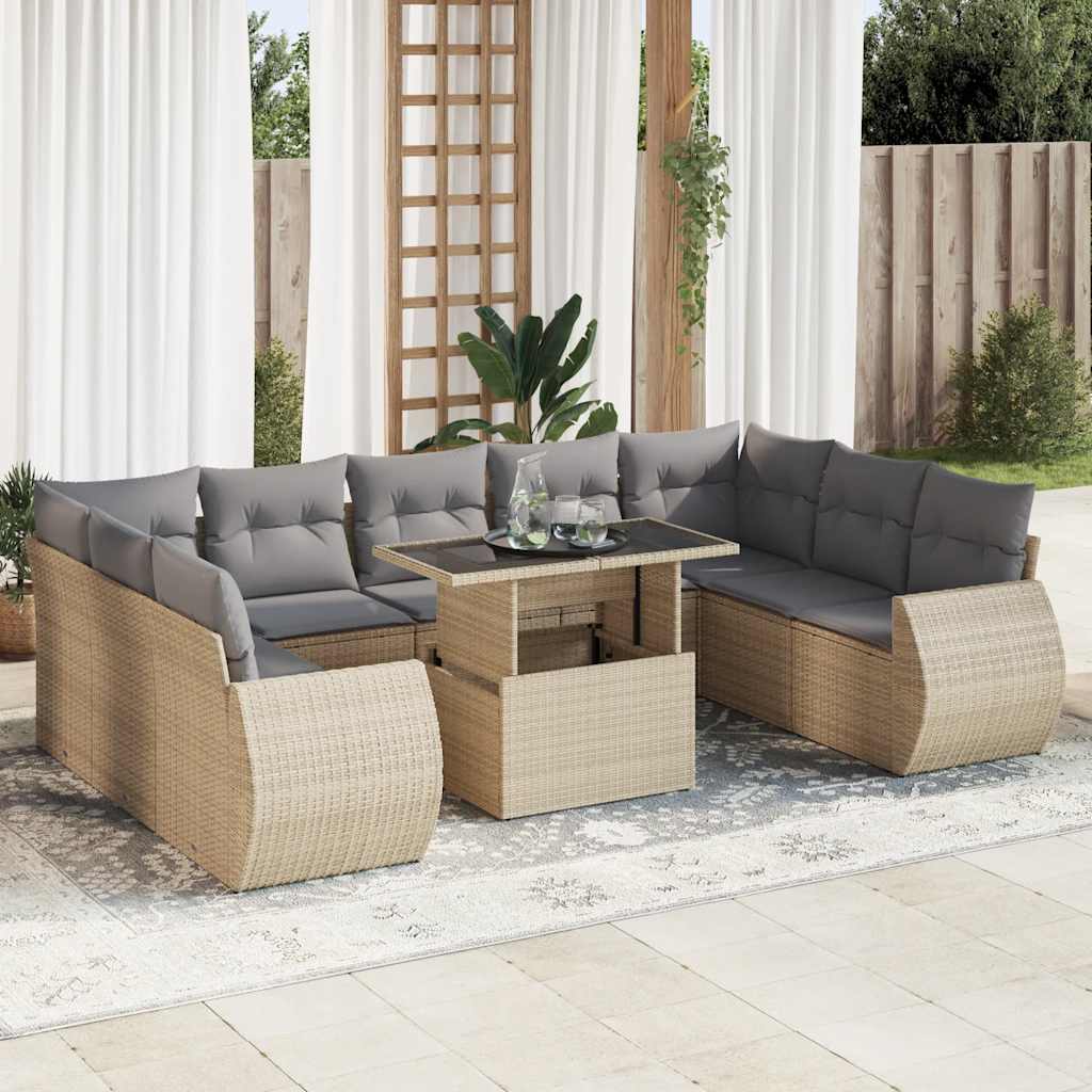 vidaXL 10-tlg. Garten-Sofagarnitur mit Kissen Schwarz Poly Rattan