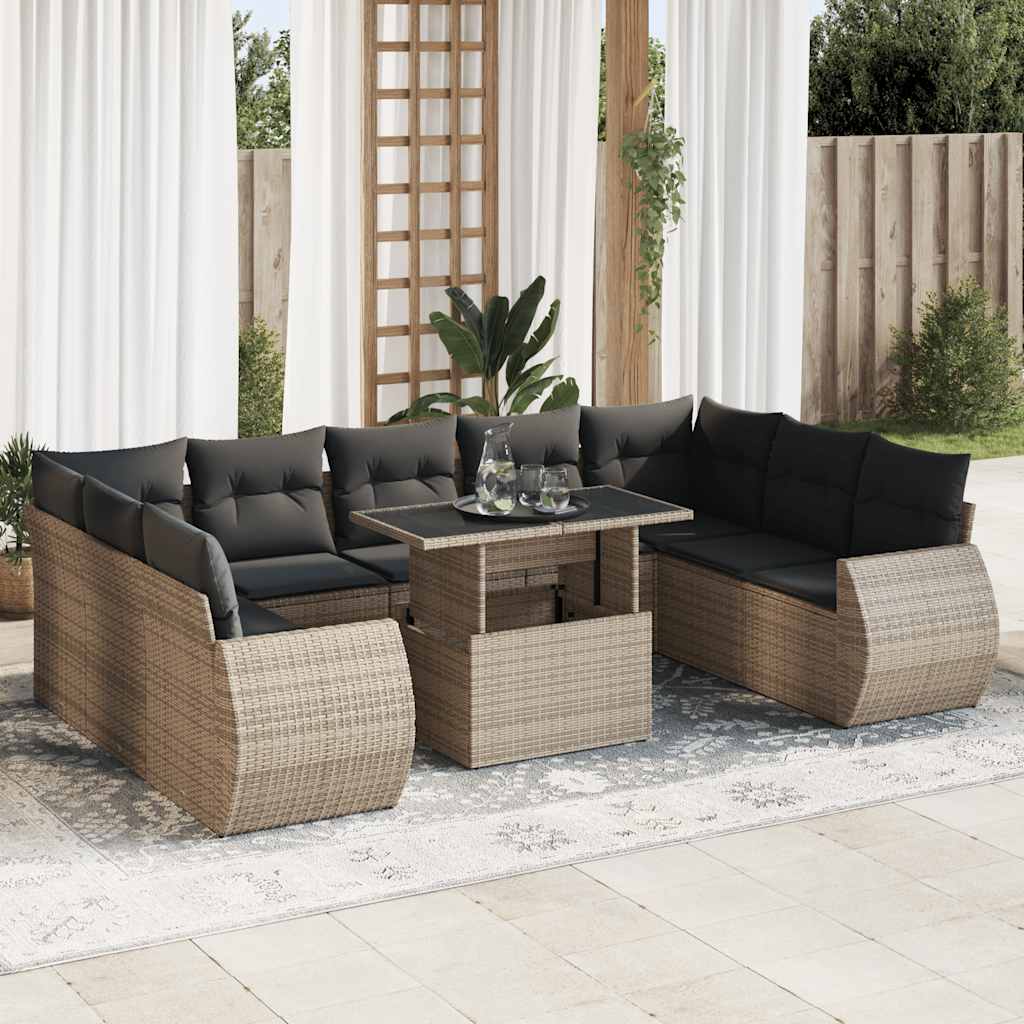 vidaXL 10-tlg. Garten-Sofagarnitur mit Kissen Schwarz Poly Rattan