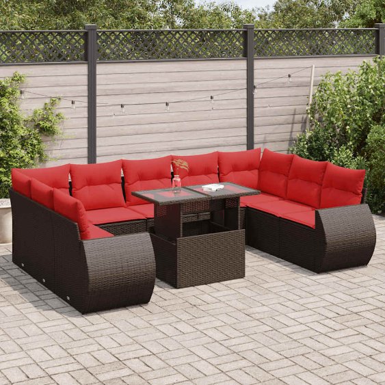 vidaXL 10-teiliges Gartensofa-Set mit Kissen, schwarzes Polyrattan