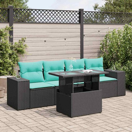 5-teiliges Gartensofa-Set mit Kissen, schwarzes Polyrattan