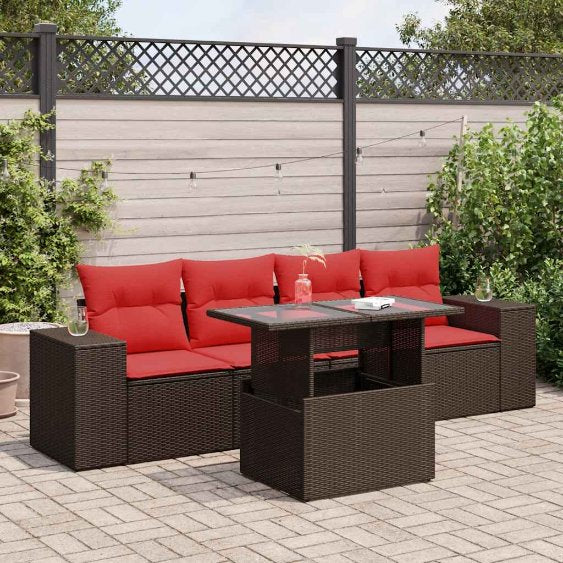5-teiliges Gartensofa-Set mit Kissen, schwarzes Polyrattan
