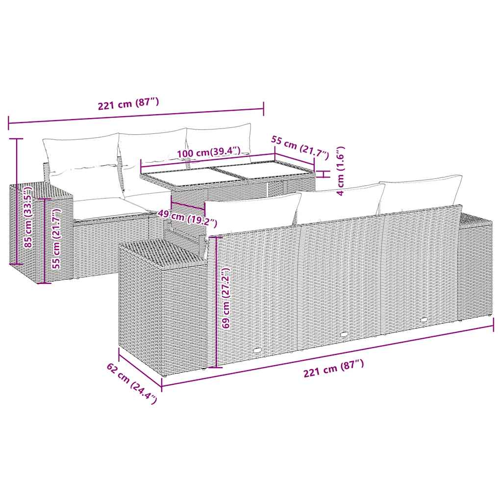 7-tlg. Garten-Sofagarnitur mit Kissen Schwarz Poly Rattan