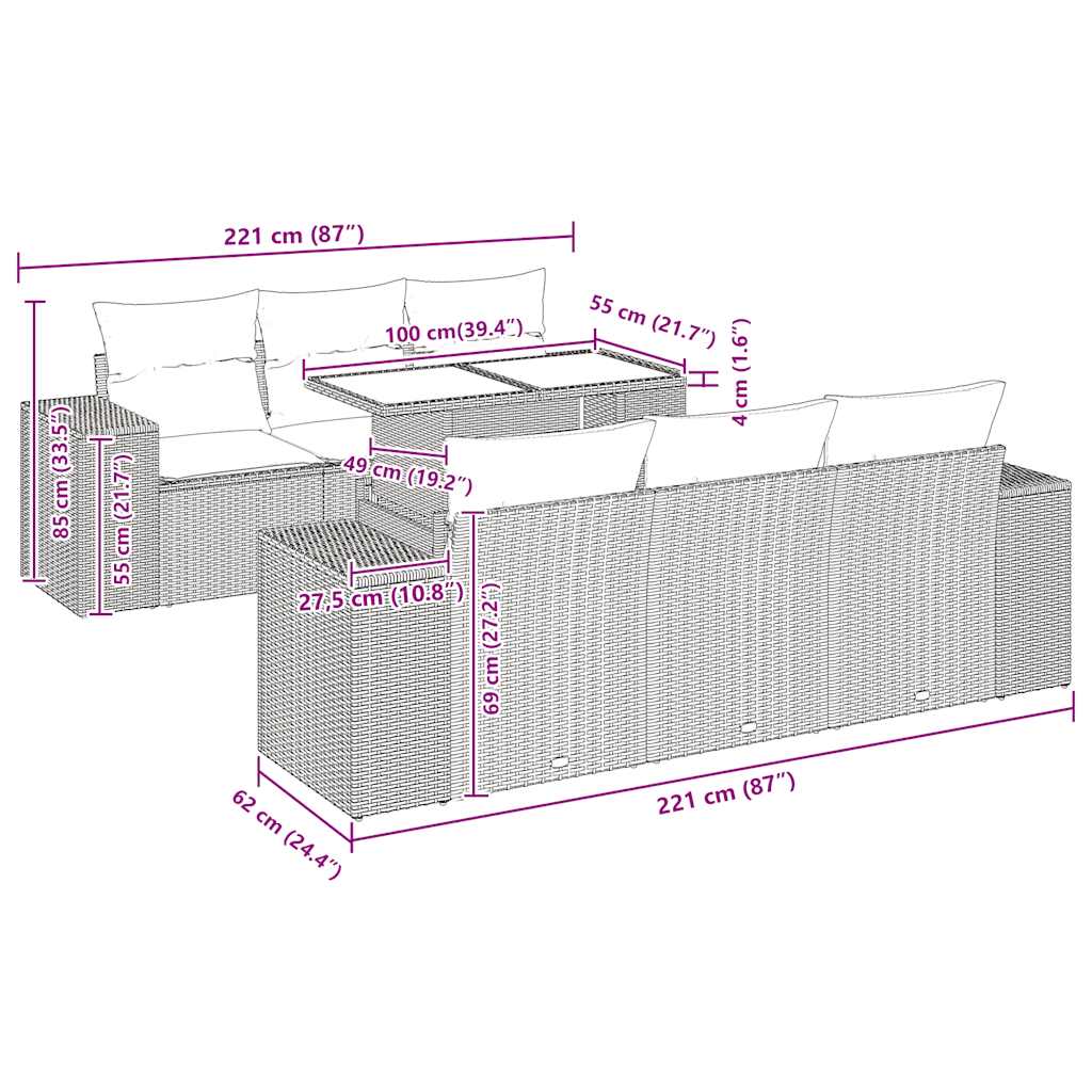 7-tlg. Garten-Sofagarnitur mit Kissen Schwarz Poly Rattan