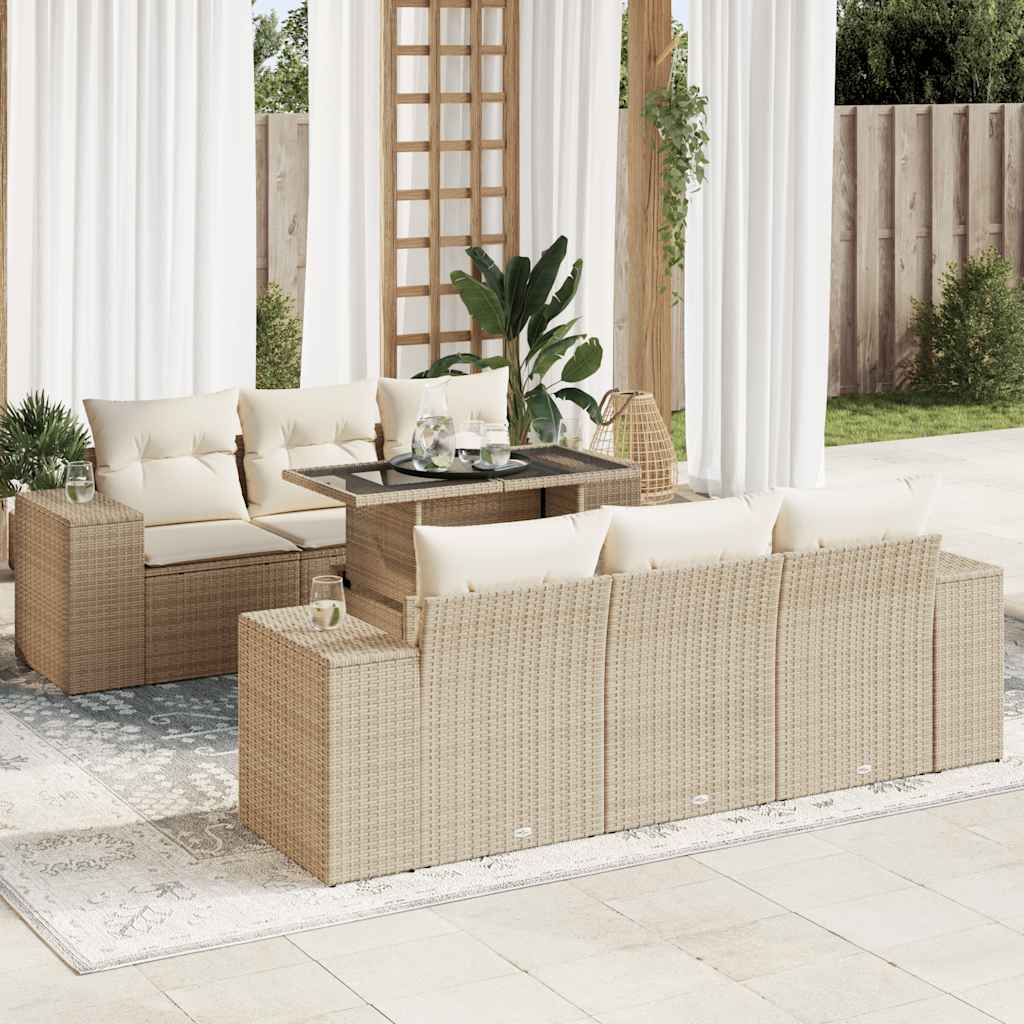 7-tlg. Garten-Sofagarnitur mit Kissen Schwarz Poly Rattan