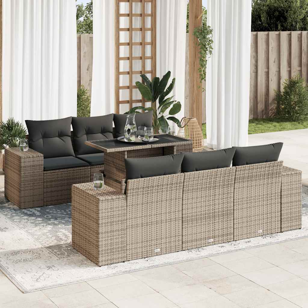 7-tlg. Garten-Sofagarnitur mit Kissen Schwarz Poly Rattan