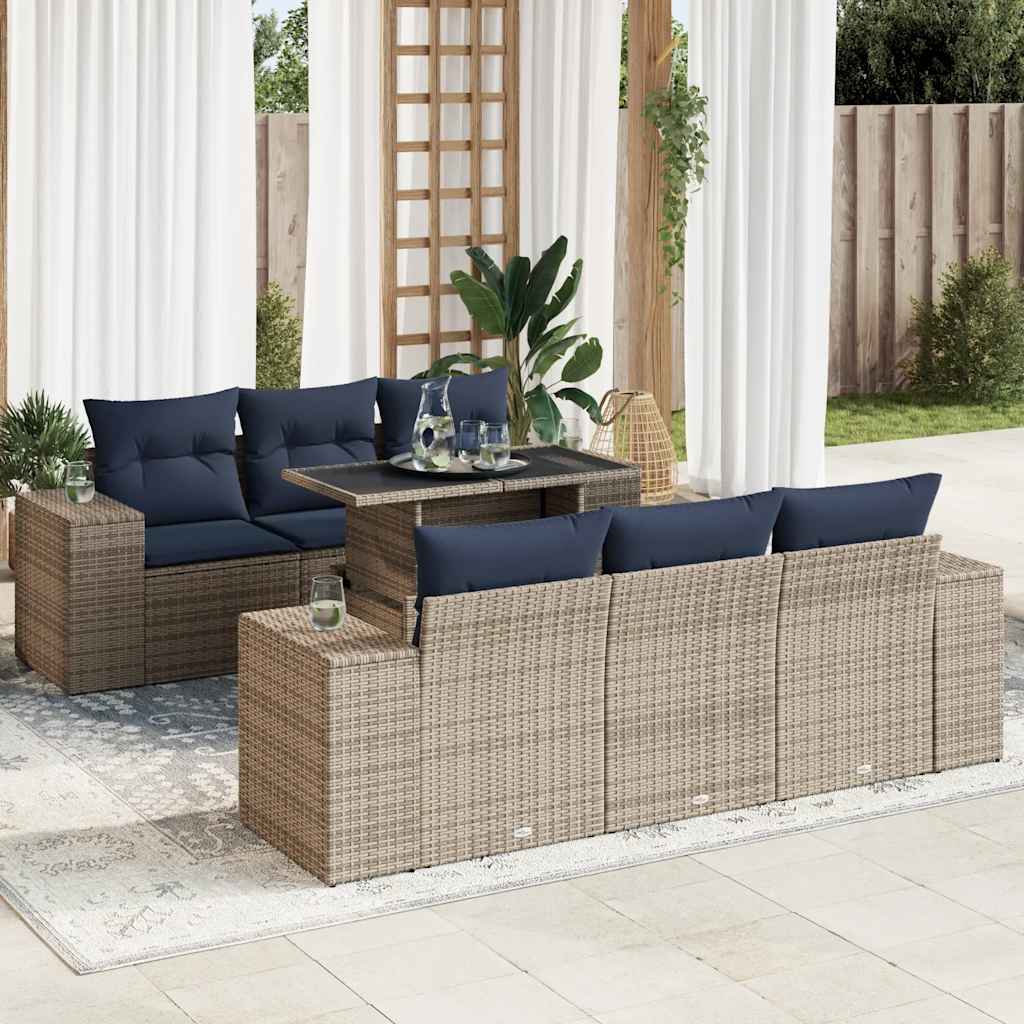 7-tlg. Garten-Sofagarnitur mit Kissen Schwarz Poly Rattan