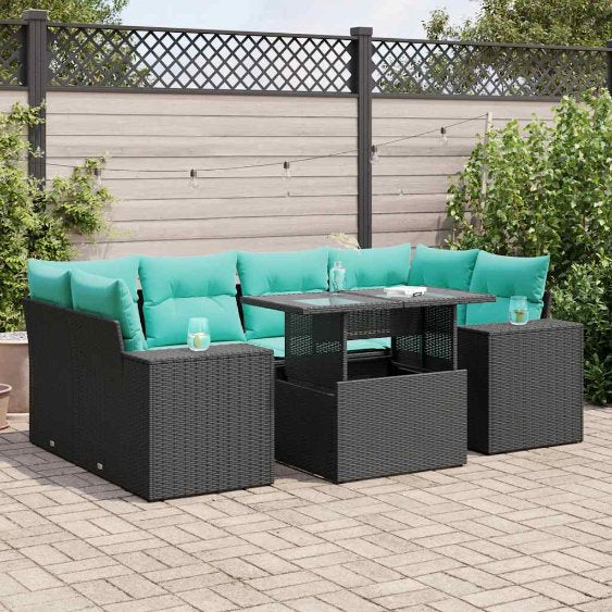 7-teiliges Gartensofa-Set mit Kissen, schwarzes Polyrattan