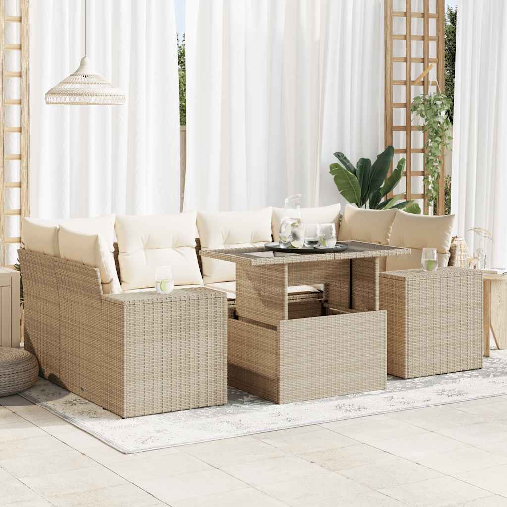 7-tlg. Garten-Sofagarnitur mit Kissen Schwarz Poly Rattan