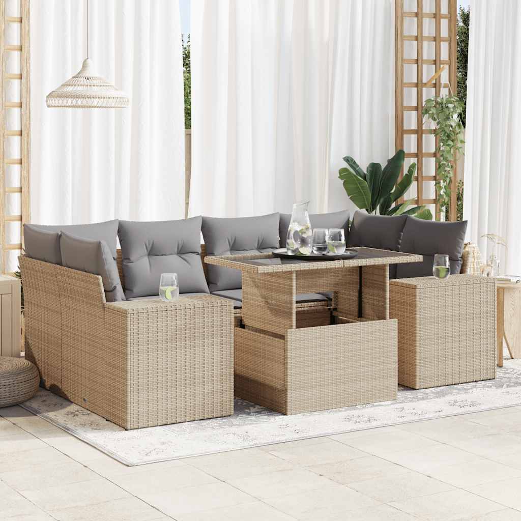 7-tlg. Garten-Sofagarnitur mit Kissen Schwarz Poly Rattan