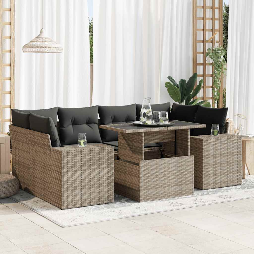 7-tlg. Garten-Sofagarnitur mit Kissen Schwarz Poly Rattan