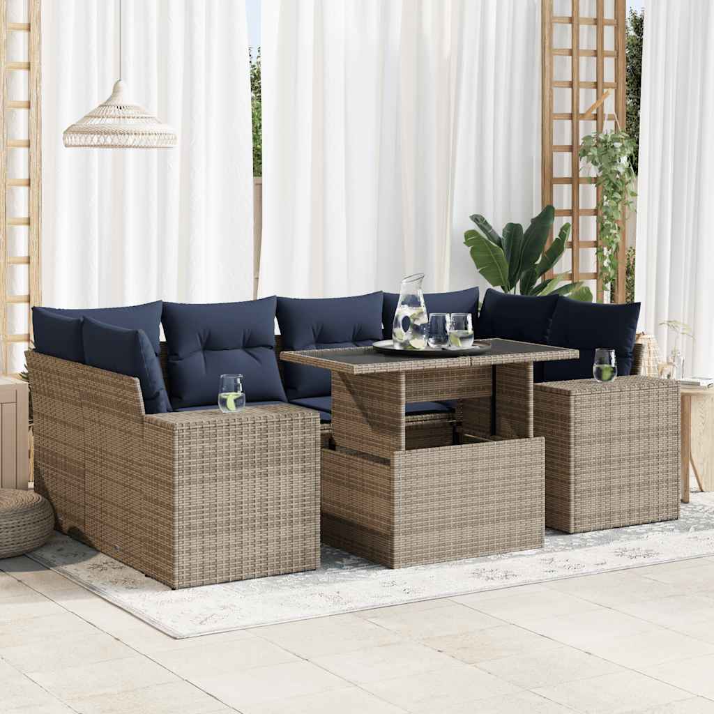 7-teiliges Gartensofa-Set mit Kissen, schwarzes Polyrattan