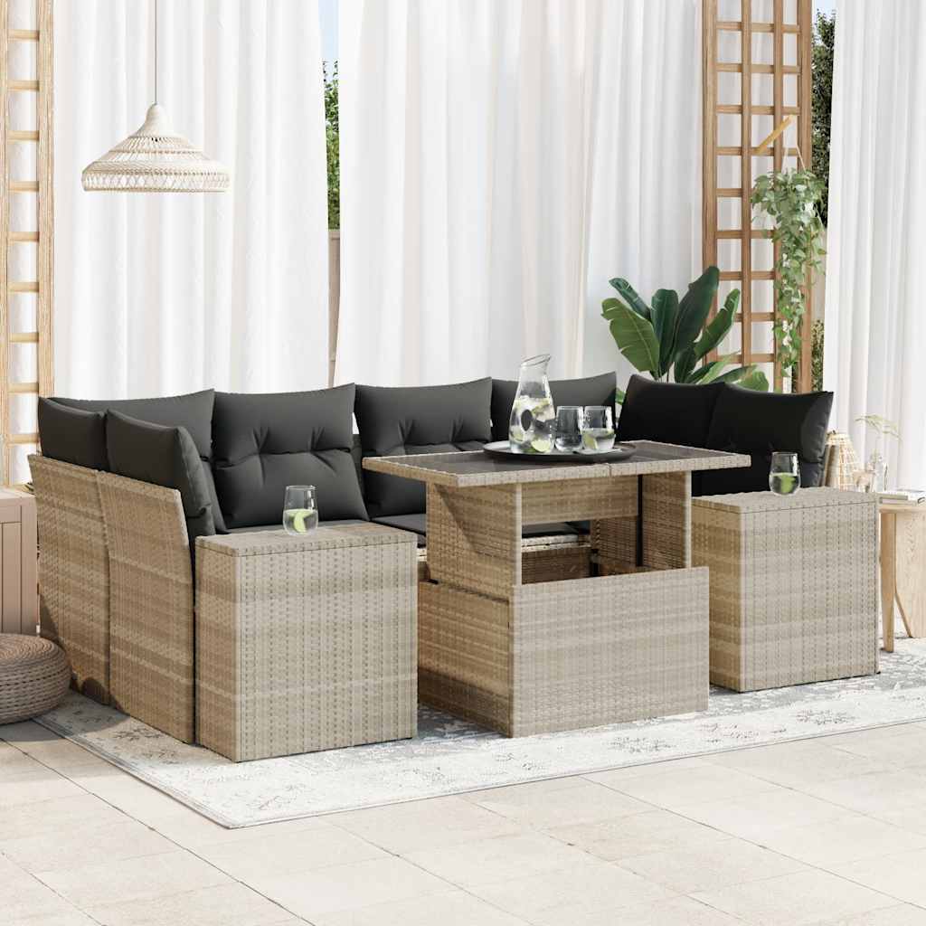 7-tlg. Garten-Sofagarnitur mit Kissen Schwarz Poly Rattan